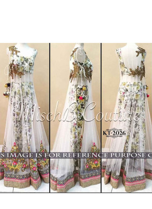 White SEMI STICH PRINT BANGLORY SILK  Long Gown AT Zikimo