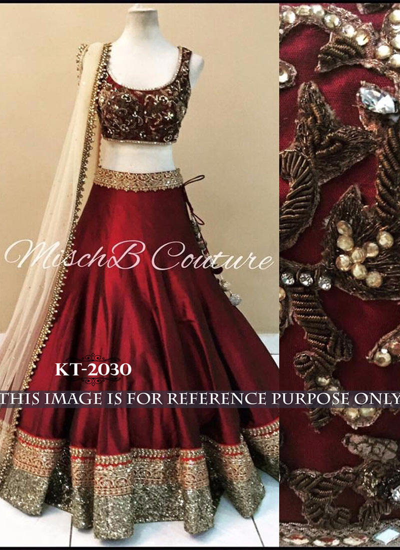 Maroon BANGLORY SATIN SILK Wedding Indian Lehenga With Embroidered Choli at Zikimo 1 Maroon BANGLORY SATIN SILK Wedding Indian Lehenga With Embroidered Choli at Zikimo