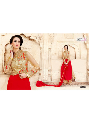 Red And Biege 8002 Georgette Party Wear Embroidered Suit With Red Dupatta at Zikimo