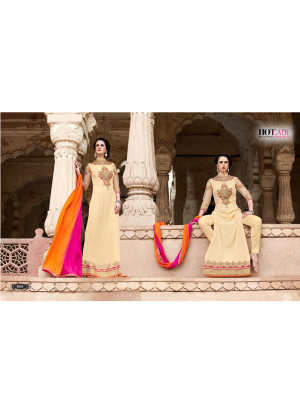 Light Tan8003 Georgette Party Wear Embroidered Suit With Ombre Oraneg Pink Dupatta at Zikimo