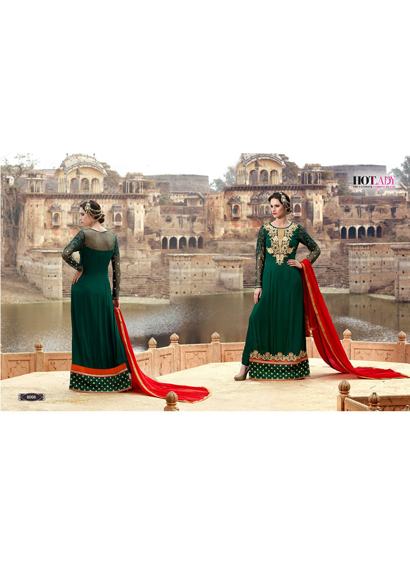 Dark Green8008 Georgette Party Wear Embroidered Suit With Hot Orange Dupatta at Zikimo 1 Dark Green8008 Georgette Party Wear Embroidered Suit With Hot Orange Dupatta at Zikimo