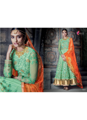 Light Green 5003 Pure Georgette Indian Wedding Party Wear Floor Length Anarkali Suit at Zikimo