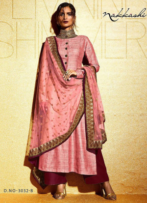 Nakkashi RedPink and Maroon Embroidered Khadi Stone Work Collar Wedding Wear Suit at Zikimo