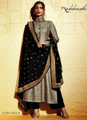 Nakkashi Gray and Black Embroidered Khadi Stone Work Collar Wedding Wear Suit at Zikimo