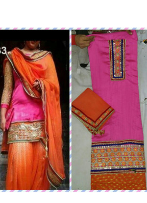 Pink Orange Badri Silk Punjabi Salwar Suit With Chiffon Duppta at Zikimo