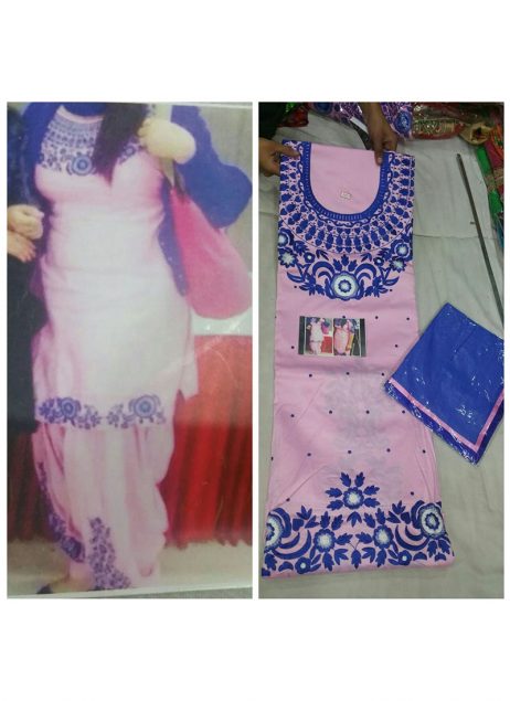 Light Pink Jam Silk All Over Punjabi Salwar Suit With Blue Chiffon Duppta at Zikimo