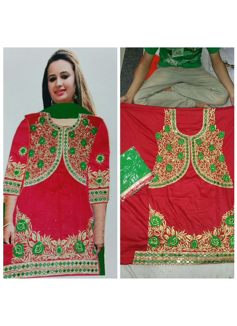 Red Jam Cotton Silk All Over Punjabi Salwar Suit With Chiffon Green Duppta at Zikimo 1 Red Jam Cotton Silk All Over Punjabi Salwar Suit With Chiffon Green Duppta at Zikimo