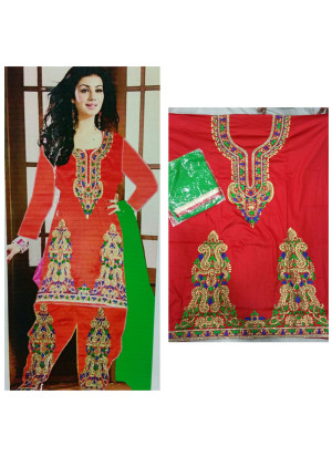 Ayesha Takia Brick Red Jam Cotton Silk All Over Punjabi Salwar Suit With Chiffon Green Duppta at Zikimo