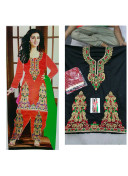 Ayesha Takia Black Jam Cotton Silk All Over Punjabi Salwar Suit With Chiffon Red Duppta at Zikimo
