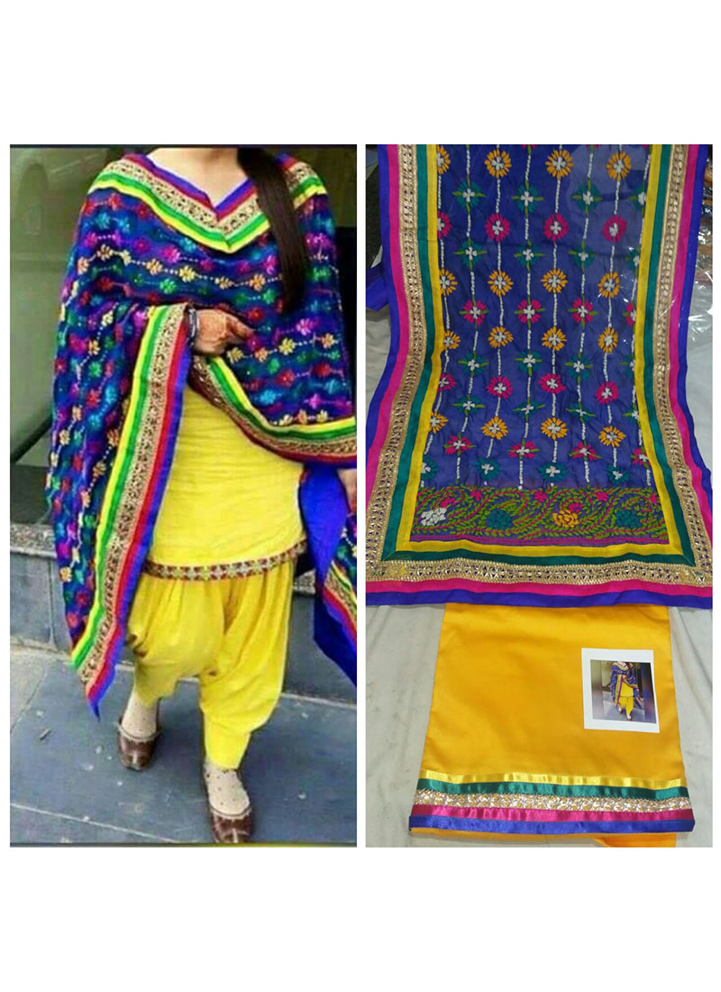 Yellow Jam Cotton Silk All Over Punjabi Salwar Suit With Blue Phulkari Duppta at Zikimo