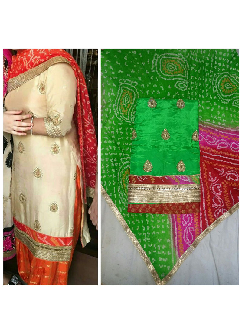 Green Pure Dupiun Banarsi Punjabi Salwar Suit With Bandhani Duppta at Zikimo