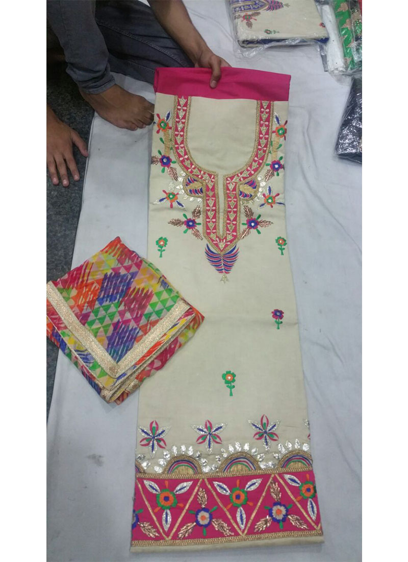 Cream Jam Silk Punjabi Salwar Suit With Printed Duppta at Zikimo 1 Cream Jam Silk Punjabi Salwar Suit With Printed Duppta at Zikimo
