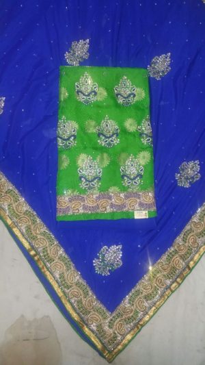 Green Pure Dupiun Punjabi Salwar Suit With Blue Chiffon Duppta At Zikimo