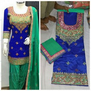 Royal Blue Green Pure Dupiun Punjabi Salwar Suit With Green Chiffon Duppta At Zikimo