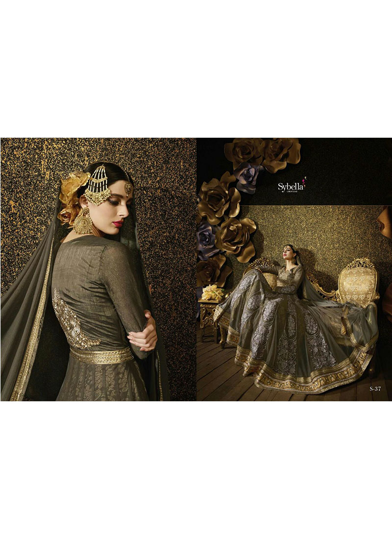 Banarasi Silk Dark Grey Heavy work Indian Wedding Full Flared Floor Length Anarkali Suit at Zikimo 1 Banarasi Silk Dark Grey Heavy work Indian Wedding Full Flared Floor Length Anarkali Suit at Zikimo