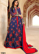 Twisha 1101 Tafta Silk Front Cut A Line PartyWear Bue Red Suit at Zikimo