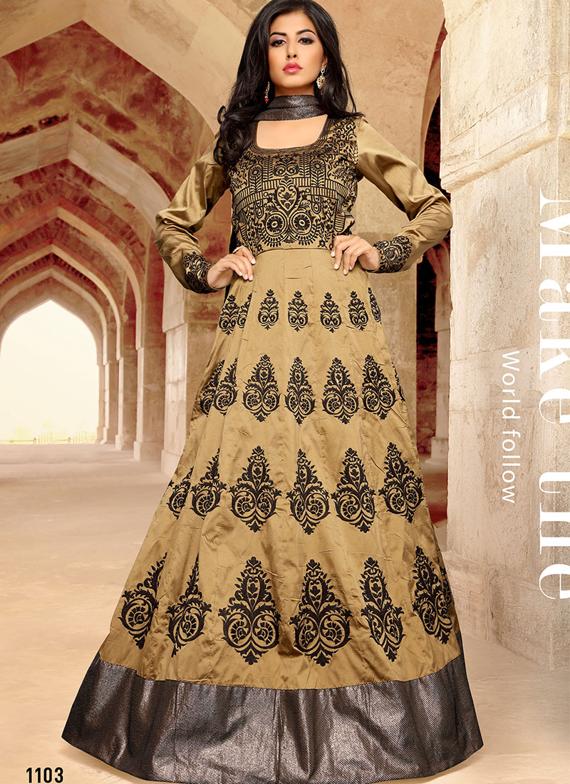 Tafta Silk Beige With Grey Color1103 Floor Length Anarkali Party Wear Suit at Zikimo 1 Tafta Silk Beige With Grey Color1103 Floor Length Anarkali Party Wear Suit at Zikimo