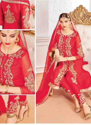 Red801 Georgette Indian Wedding Wear Embroidred Straight Suit At Zikimo