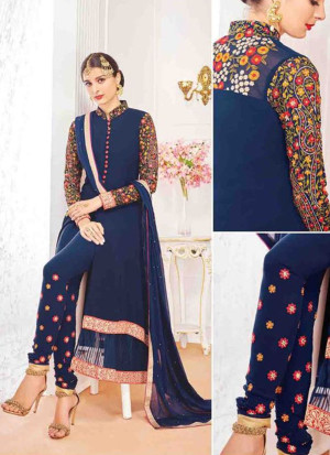 Blue802 Georgette Indian Wedding Wear Embroidred Straight Suit At Zikimo