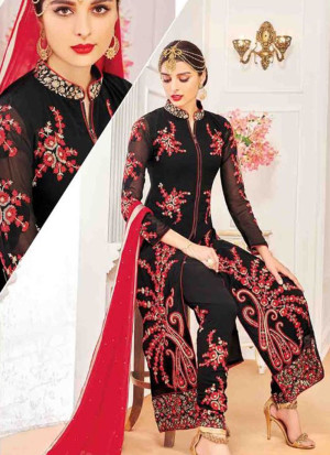 Black803Georgette Indian Wedding Wear Embroidred Straight Suit At Zikimo