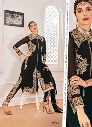 Black White805 Georgette Indian Wedding Wear Embroidred Straight Suit At Zikimo
