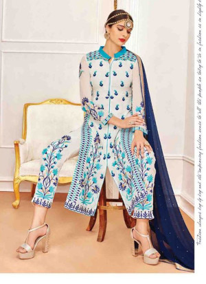 Off White & Blue806 Georgette Indian Wedding Wear Embroidred Straight Suit At Zikimo