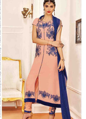 Peach808 Georgette Indian Wedding Wear Embroidred Straight Suit At Zikimo