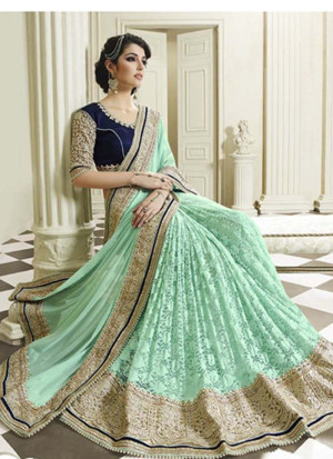 NavyBlue And Green Net and Georgette Party Wear Indian Saree at Zikimo