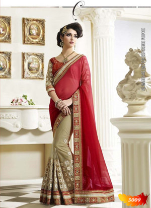 Biege and Maroon Georgette Party Wear Indian Saree at Zikimo