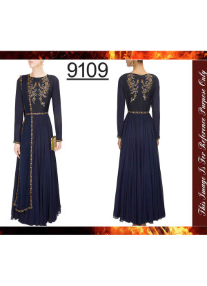 Navy Blue9109 BANGALORI SILK WITH EMBROILERED Anarkali Suit With Net Dupatta at Zikimo