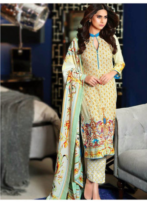 Ivory and Multicolor03 Embroidered Lawn Pakistani Style Indian Suit At Zikimo