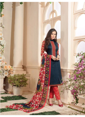 DarkBlue and Red 16014 Embroidered Glace Cotton Party Wear Suit At Zikimo