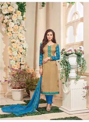 SandyBrown and FiroziBlue16015 Embroidered Glace Cotton Party Wear Suit At Zikimo