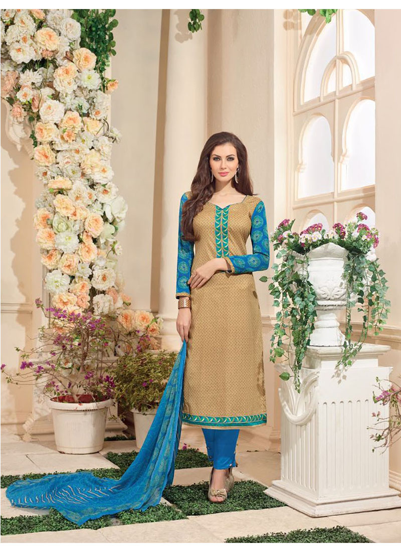 SandyBrown and FiroziBlue16015 Embroidered Glace Cotton Party Wear Suit At Zikimo 1 SandyBrown and FiroziBlue16015 Embroidered Glace Cotton Party Wear Suit At Zikimo
