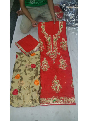 Orangered Dupiun Punjabi Salwar Suit With Chiffon Duppta at Zikimo