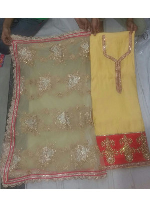 Yellow Red Siyoni Silk All Over Punjabi Salwar Suit With Net Duppta at Zikimo