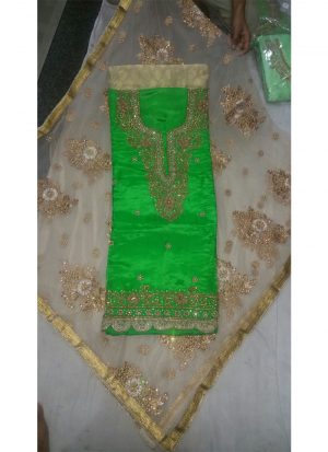 Green Cream Pure Dupium With Banarasi Embroidered Punjabi Salwar Suit With Net Duppta at Zikimo