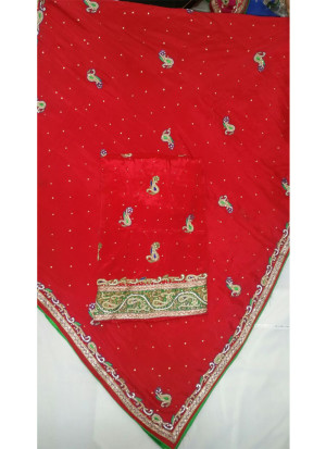 Red Semi Pure Crape All Over Embroidered Punjabi Salwar Suit With Chiffon Duppta at Zikimo