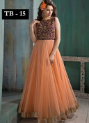 Peach Net Yoke Embroidered Floor length Anarkali Suits at Zikimo