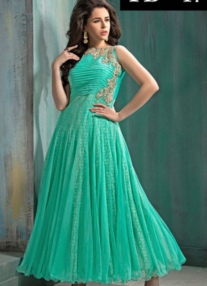 SeaGreen Net Embroidered Floor length Anarkali Suits at Zikimo