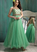 LightGreen RasalNet Yoke Embroidered Floor length Anarkali Suits at Zikimo