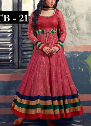 OnionPink Net Embroidered Ankle length Anarkali Suit at Zikimo