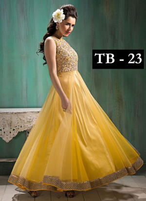 Yellow Net Embroidered Floor length Anarkali Suit at Zikimo