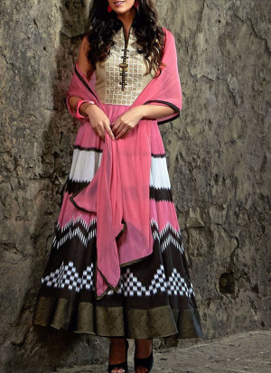TriColor WHIte Pink Black Georgette Wedding Party Anarkali Suit at Zikimo