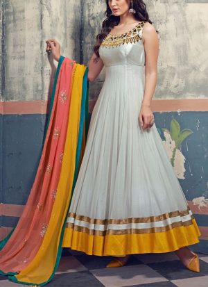 OffWhite Grey Net Wedding Party Anarkali Suit at Zikimo