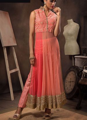 PeachPink Net Wedding Party Wear Suit at Zikimo
