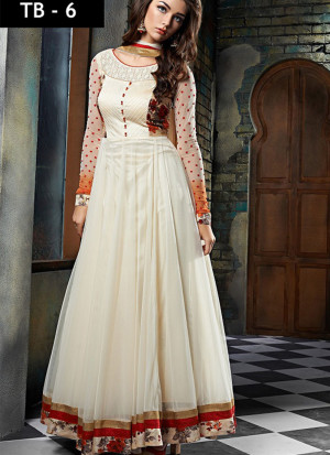 Cream Net Embroidered Floor length Anarkali Suits at Zikimo