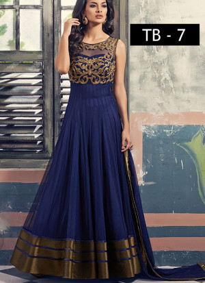 Blue Net Embroidered Floor length Anarkali Suits at Zikimo