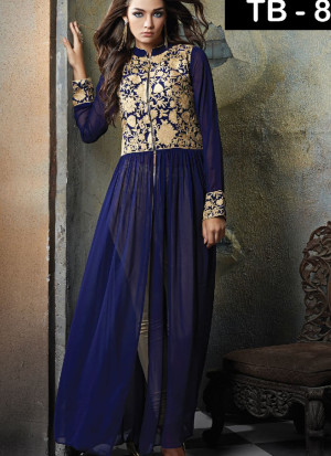 Blue Georgette Embroidered Cape Style Leggings Suit at Zikimo