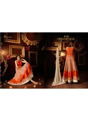 Orange Taffeta Silk Heavy Embroidered Indian Wedding Party Wear Anarkali Suit at Zikimo